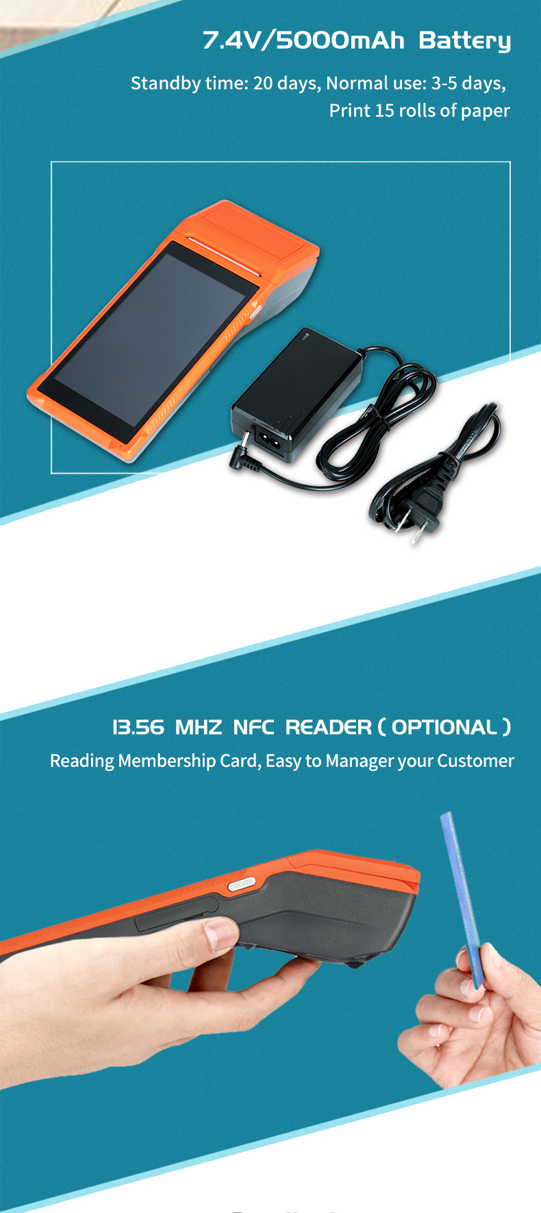 5000mAh battery mobile pos terminal